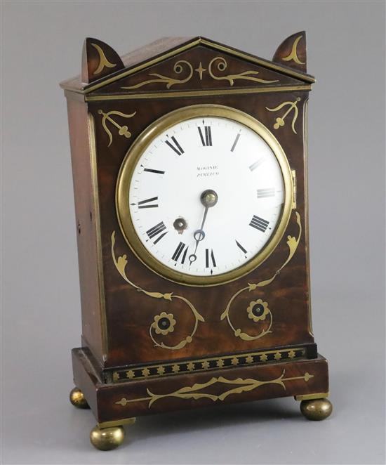 A Regency brass inset mahogany mantel timepiece, 9.75in.